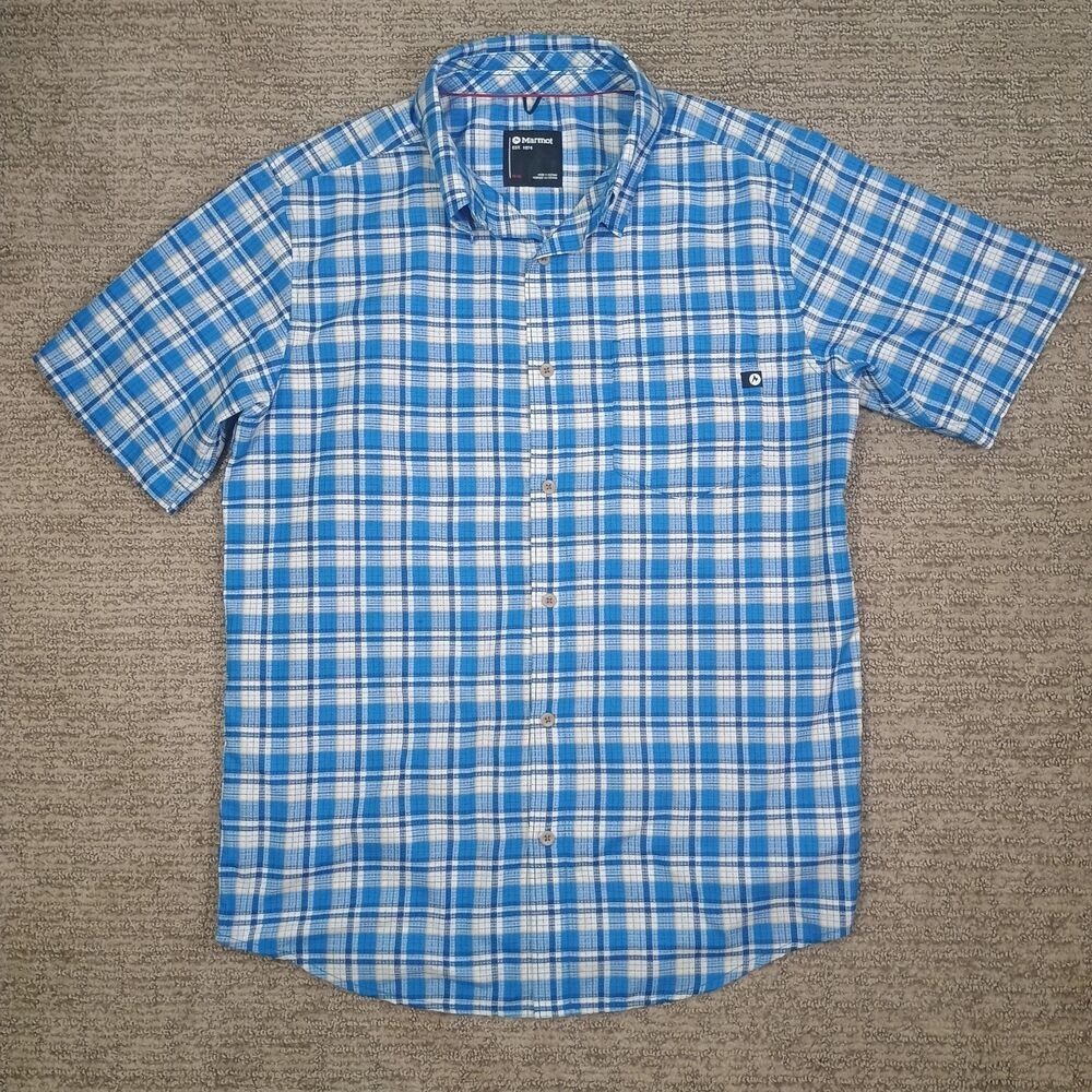 Marmot Mens Medium Short Sleeve ButtonDown Shirt Blue White Plaid Hiking Outdoor - Picture 3 of 10